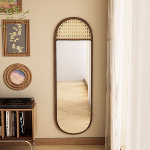 New Chinese-Style Rattan Dressing Mirror, Wall-Mounted Standing Mirror, Bedroom Entryway Floor-Standing Fitting Mirror, Full-Length Mirror, Tempered Mirror