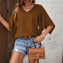 2025夏季欧美跨境女装亚马逊独立站新款时尚纯色V领蝙蝠袖上衣女