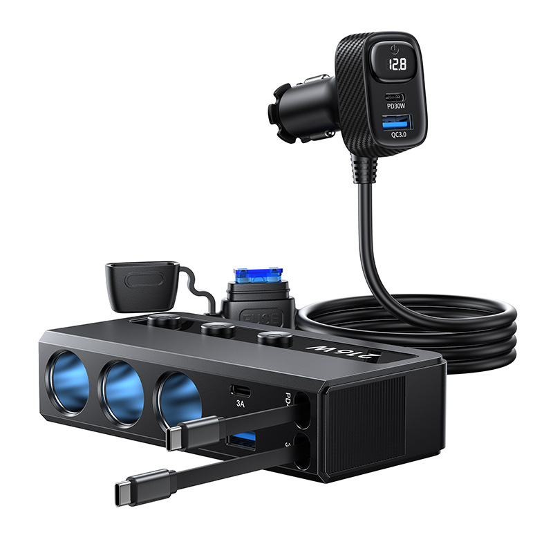 New dual-retractable multi-port car cigarette lighter charger, multifunctional high-power 216W car charger
