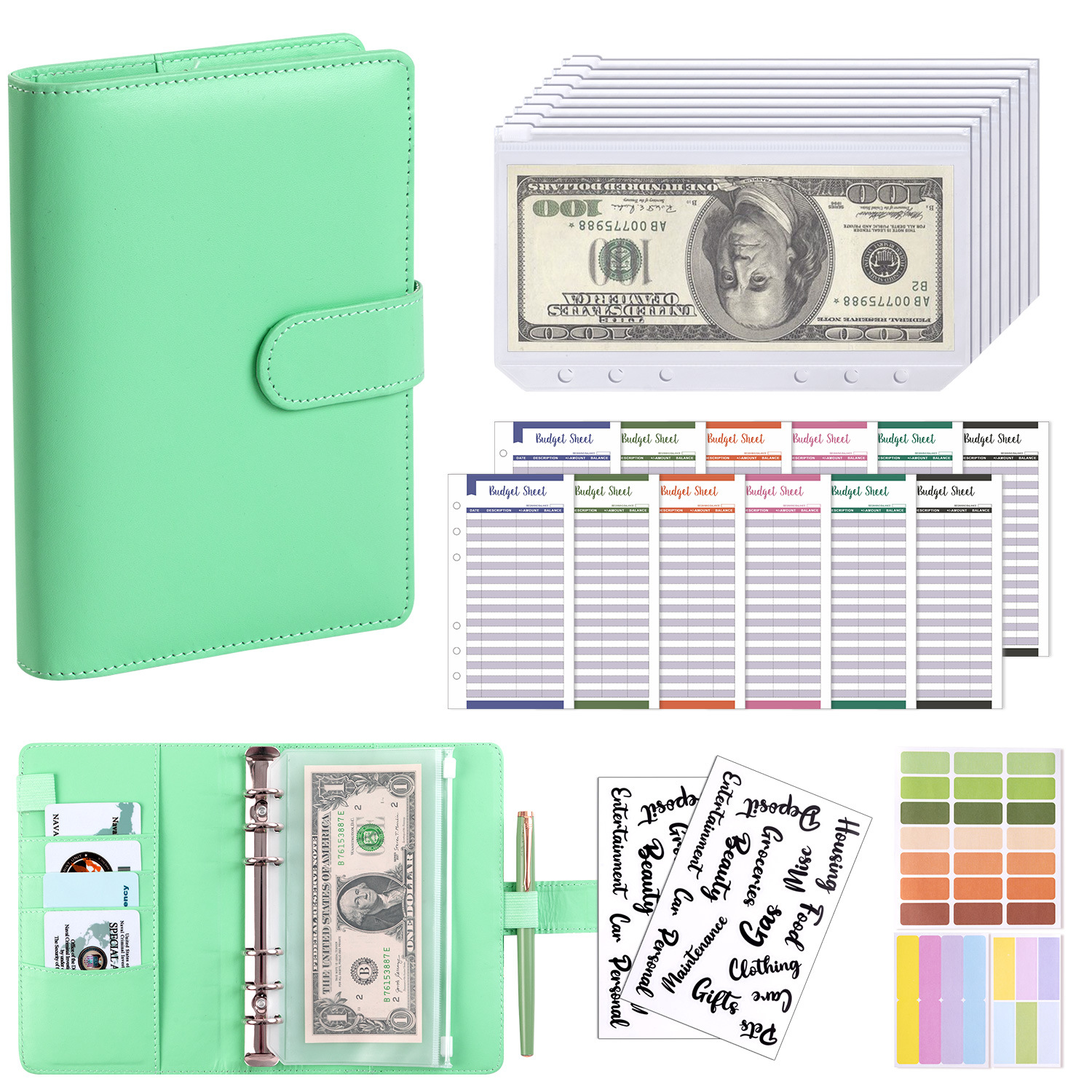 Presupuesto transfronterizo Cash Clip de hojas sueltas Bolsa con cremallera Sobres Libro de cuentas A6 Macarons PU Cuaderno de hojas sueltas de cuero