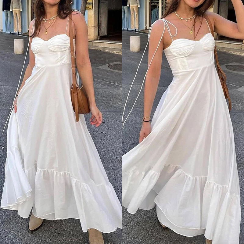 Holiday, Daily, Selfie Occasion Wholesale Women's Casual Elegant Streetwear Backless Solid Color Holiday Daily Selfie Strap Sleeveless Swing Dress