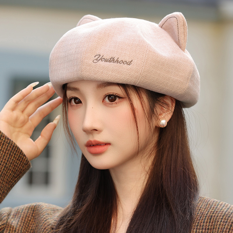 韩系复古可爱猫耳朵贝雷帽春秋新款休闲百搭画家帽防风保暖帽子女|undefined