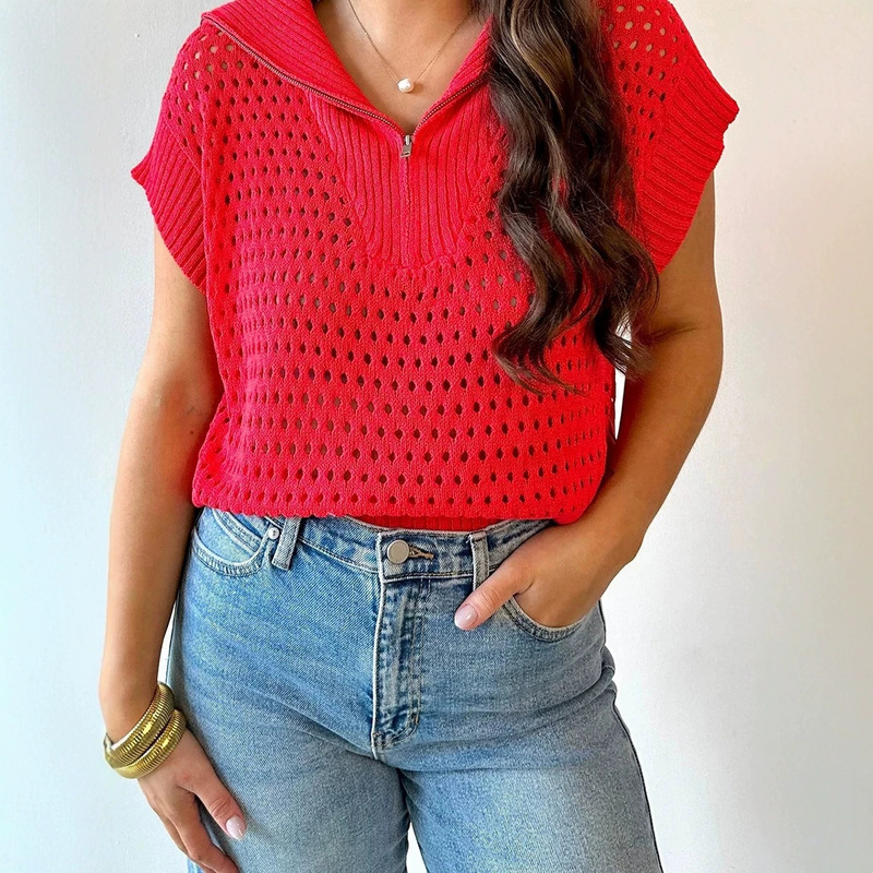 Trendy Hot-Selling Summer New Style Short-Sleeved Tops with Zippers for Women, European and American Casual Style Solid Color Hollow-Out Knitwear for Women Trendy Hot-Selling Summer New Style Short-Sleeved Tops with Zippers for Women, European and American Casual Style Solid Color Hollow-Out Knitwear for Women