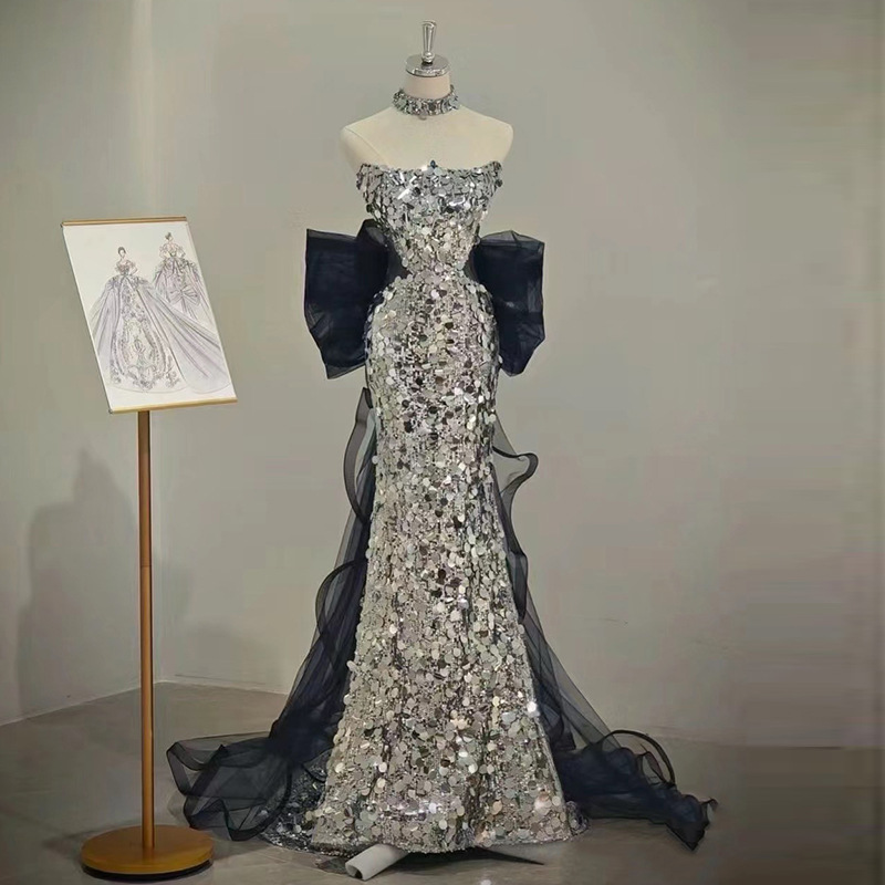 Vestido de noche de bar mitzvah de compromiso brindis lujoso nicho de alta gama anfitrión de graduación de cola de pescado lentejas francesas de alta calidad
