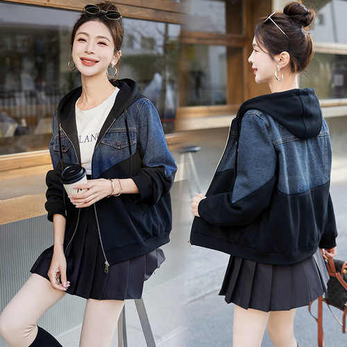 Women's Jeans Patchwork Short Jacket 2025 Spring Fashion Loose Slimming Casual Versatile Hooded Top Trendy