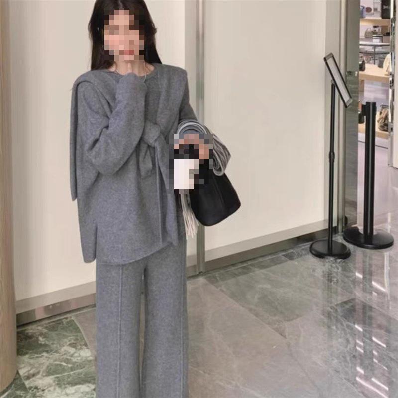 直筒针织潮宽松阔新款三件套秋冬套头纯色2025套装女年显瘦腿长裤|undefined