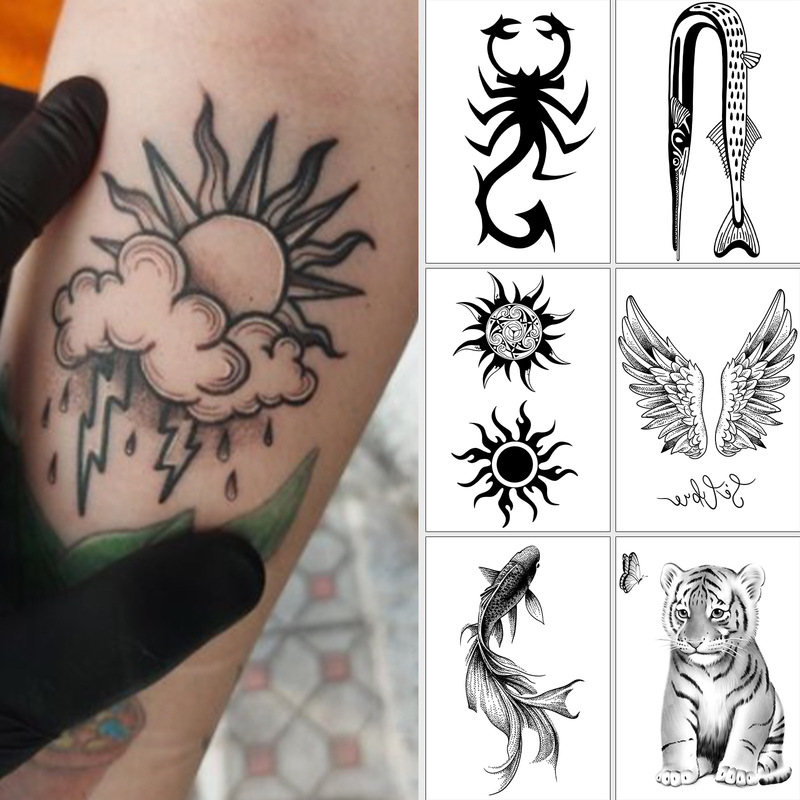 Cross-Border Popular Items with a High-End Feel: Dark Tiger Fish, Quirky Kitten, Sun, Pterosaur, Star, Feather, Succubus Tattoo Stickers