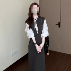 法式气质灰色假两件长袖连衣裙女装秋季高级感收腰显瘦气质长裙子
