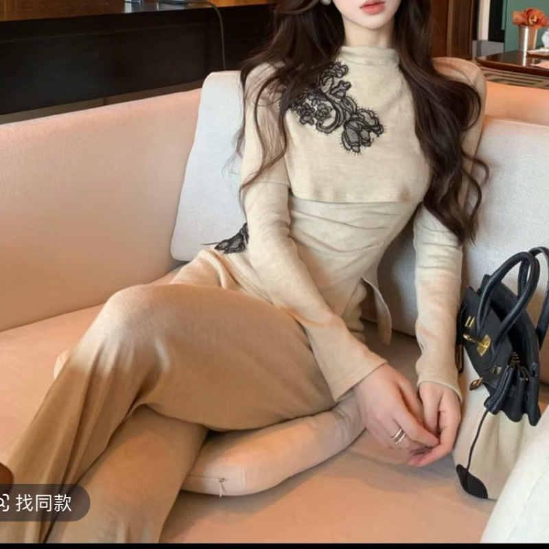 木子李 墨杏疏影 高级感杏色刺绣套装女秋季显瘦阔腿裤两件套|undefined