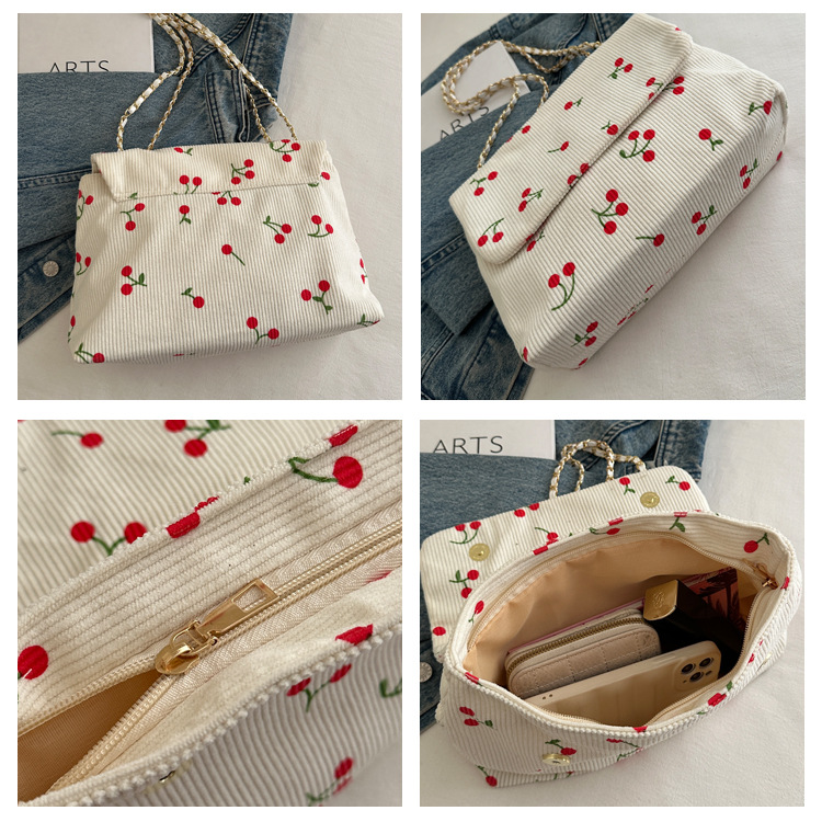 270g Weight Sewing Thread Fashion Element Magnetic Buckle Closure Type Single Shoulder Strap Strap Type Canvas Bag Bags Type Daily Occasion Canvas Material Cherry Pattern All Seasons Season Women's Gender Cute Style Square Shape Women's Canvas Cherry Cute Sewing Thread Square Magnetic Buckle Canvas Bag 无