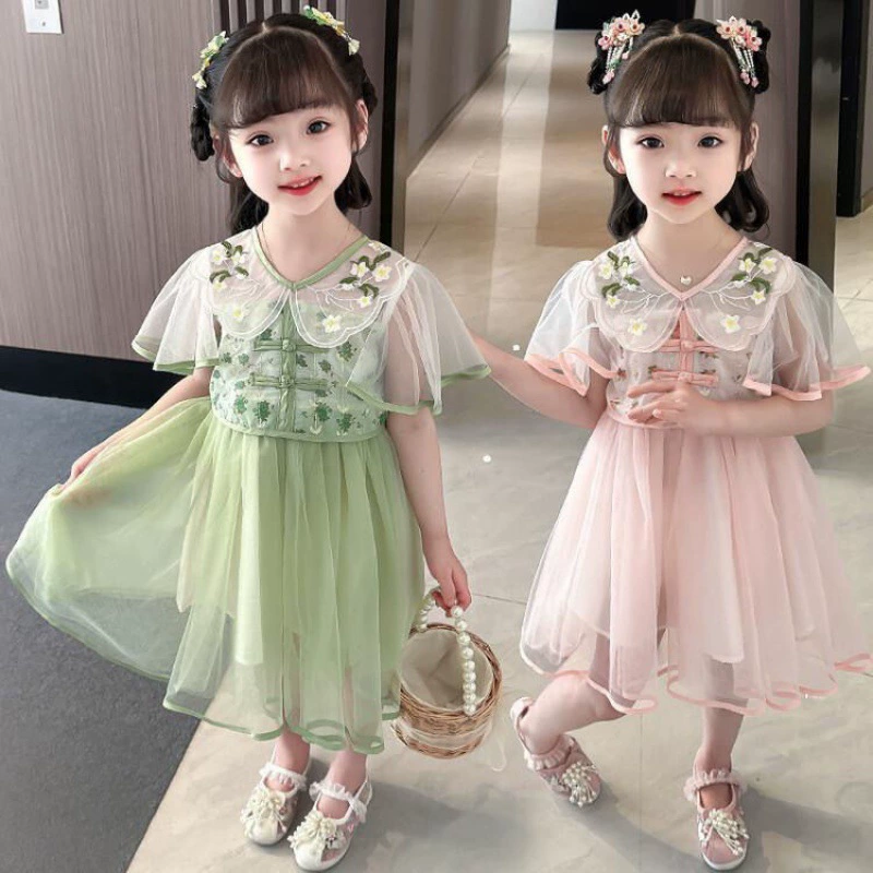 Летняя юбка для девочек старинный стиль новый стиль для девочек среднего и среднего возраста вышитое платье из сетки