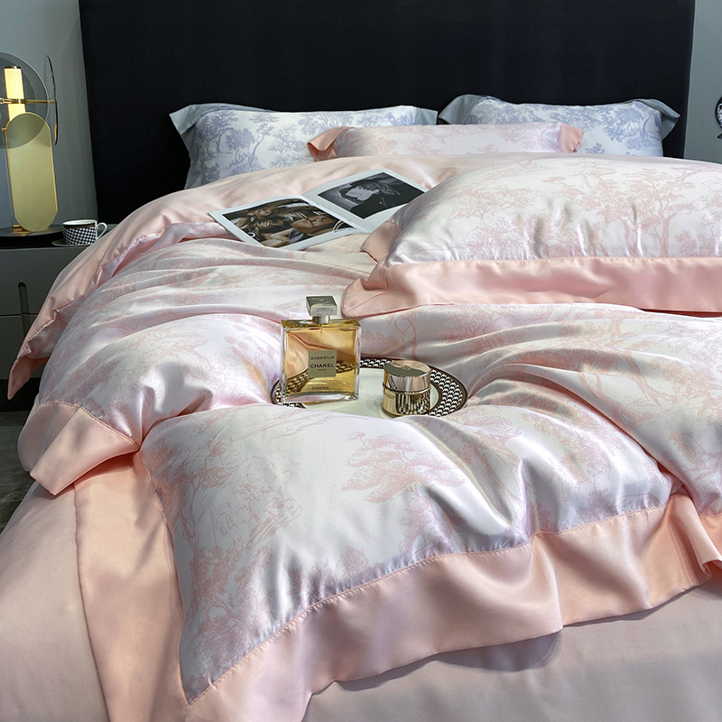 Cama de seda de hielo de verano de cuatro piezas de lujo ligero de alta gama 2025 nueva funda de edredón de sábana de tres piezas ropa de cama de seda lavada