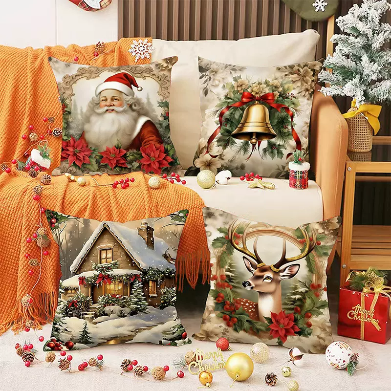 亚马逊2025新款圣诞抱枕套亚麻印花节日客厅沙发装饰靠枕套靠垫套