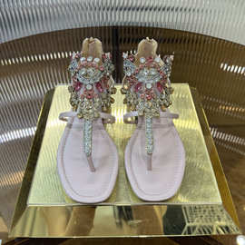 复古网纱蕾丝水晶鞋法式水钻镂空夹趾平底鞋新款性感宴会婚鞋凉鞋