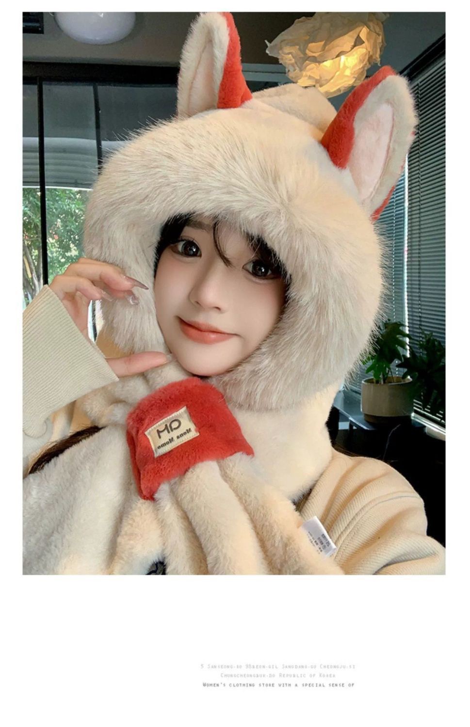 Plush hat in one, women's autumn and winter fox ears cute cycling warm ear protection with thick velvet scarf_voghion.com