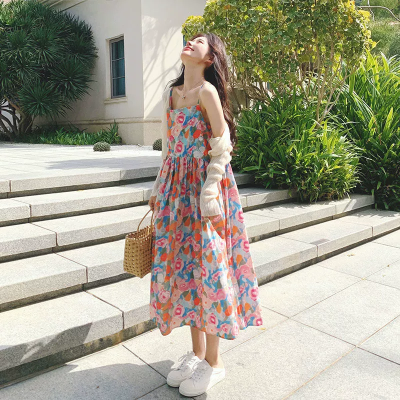 Корейский допаминовый цветочный подтяжка юбка женская весенняя и летняя фотосессия трикотажный костюм из двух частей