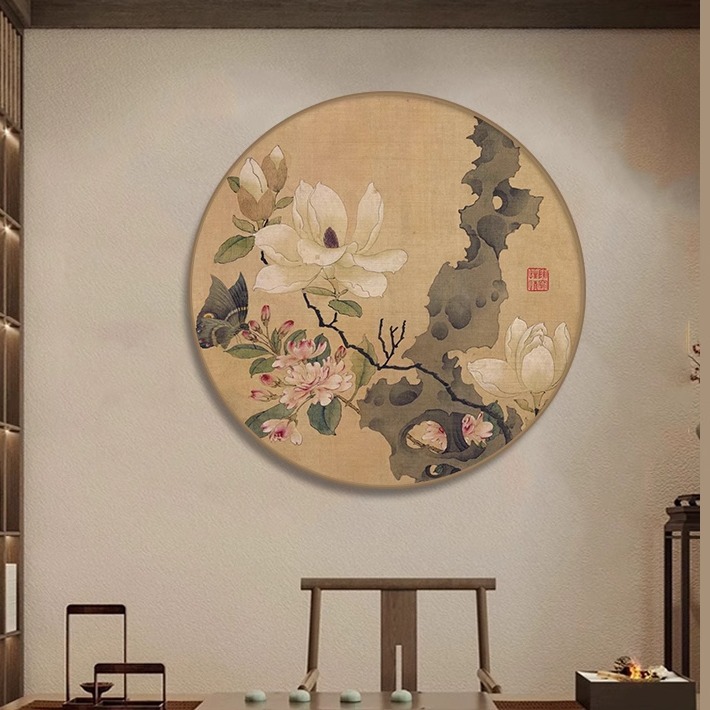 中式茶室装饰画入户玄关书房圆形办公室花鸟禅意茶台挂画茶馆壁画
