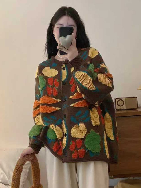 重工提花撞色森系保暖毛衣开衫外套女秋冬2025新款宽松针织衫上衣|undefined