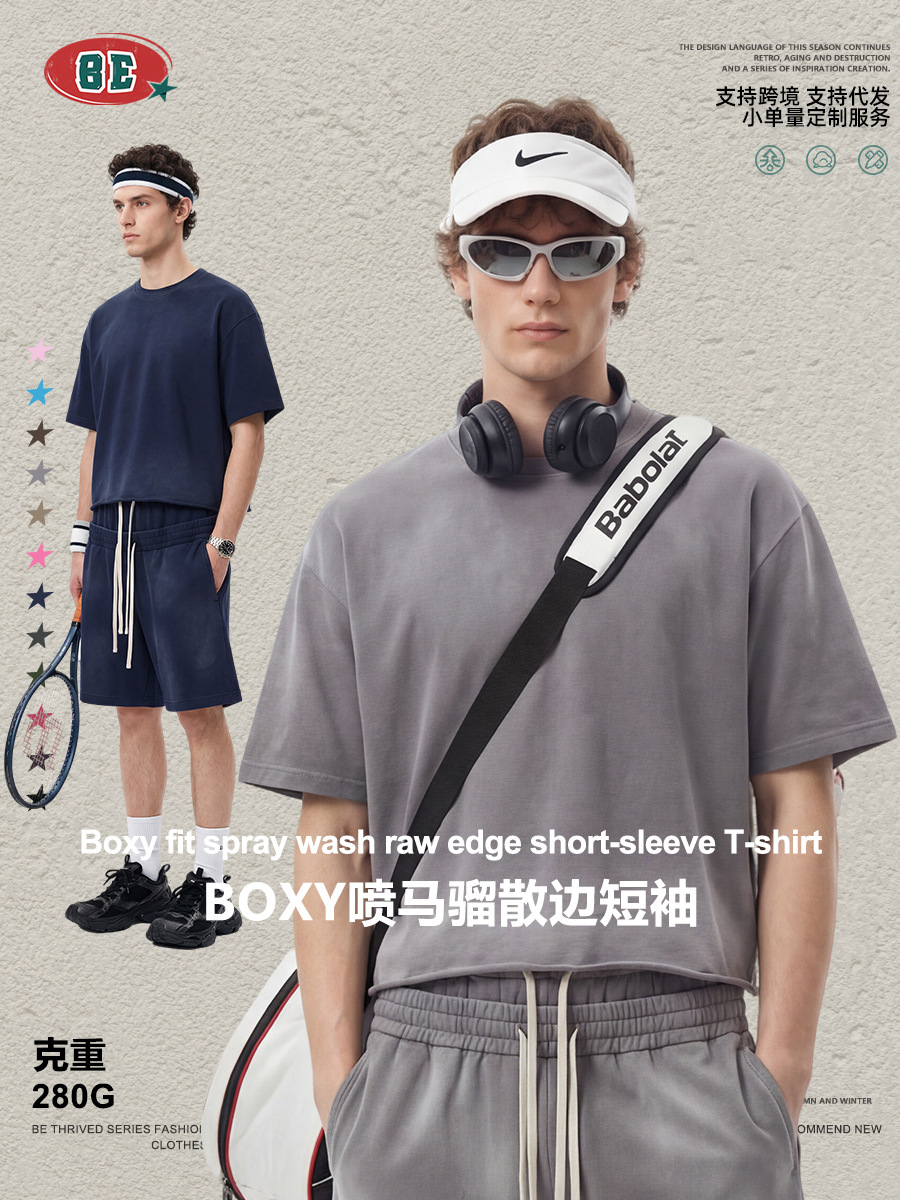 Be Hombres| 2026 verano americano lavado en agua hacer viejo Boxy borda suelta pulverización de caballo camiseta de manga corta suelta camiseta de moda masculina