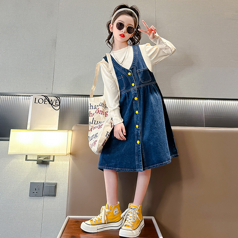 Girls' Dress 2023 New Spring and Autumn Children's Spring Stylish Skirt Big Kids Trendy Spring and Autumn Overalls Dress Set