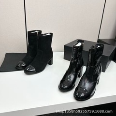高版2025秋冬小香真皮圆头拼色英伦复古侧拉链粗高跟马丁靴时装靴