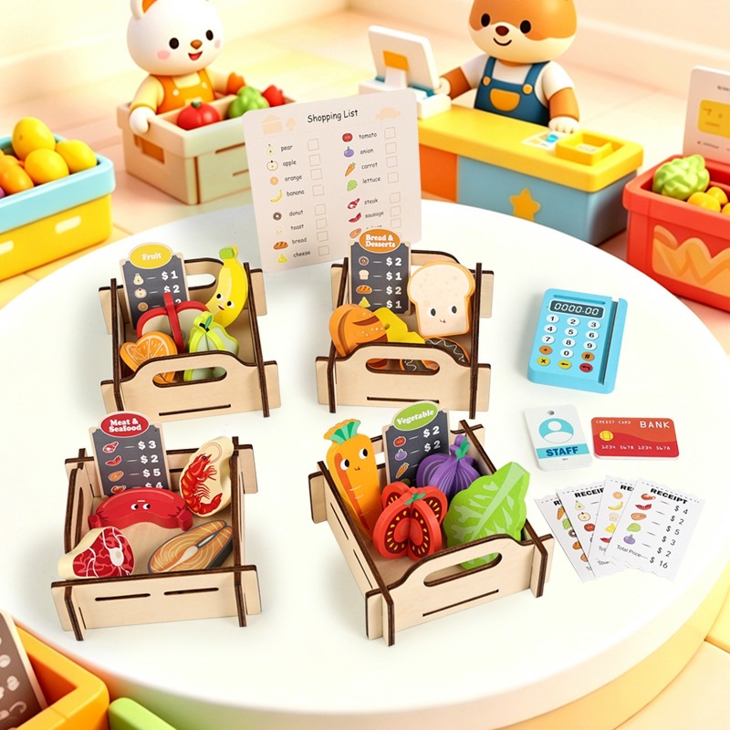 Transfronterizos niños de madera simulación de frutas y verduras juegos de venta de tiendas cajas caseras juguetes de educación temprana image 1