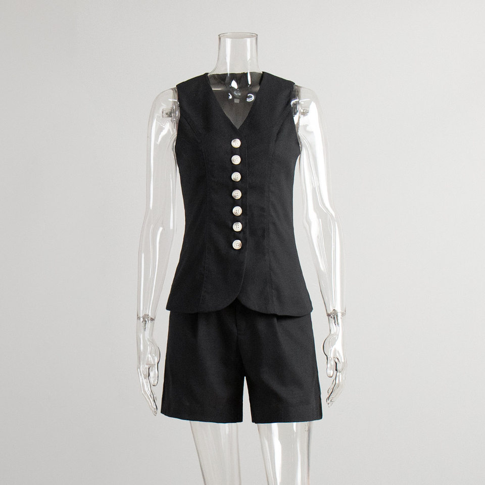 Bộ vest gile và quần short nữ chất liệu lanh cotton, áo khoét vai không tay, kiểu công sở — Màu mơ, Màu nâu đậm, Màu trắng, Màu xanh nước biển chi tiết 5