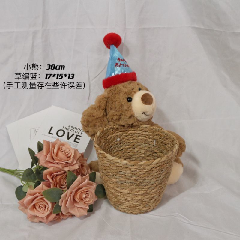 クマハグバケツ栗花束フラワー DIY 手作り誕生日ホリデーギフトわらフラワーアレンジメントフラワーバスケットハグベア|undefined