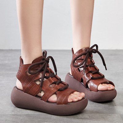 真皮涼鞋2021夏季新款手工高幫女鞋複古頭層牛皮女式涼鞋壹件代發