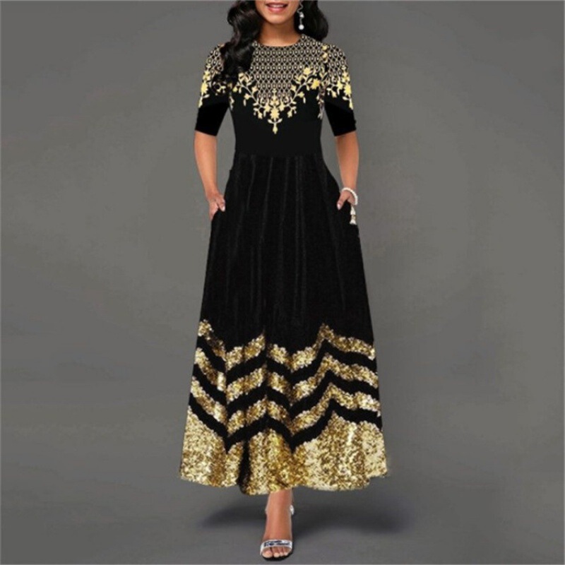 European and American Cross-Border New Style Mid-Sleeve Printed African Long Dress with Round Neck, Elegant Retro Women's Dress European and American Cross-Border New Style Mid-Sleeve Printed African Long Dress with Round Neck, Elegant Retro Women's Dress