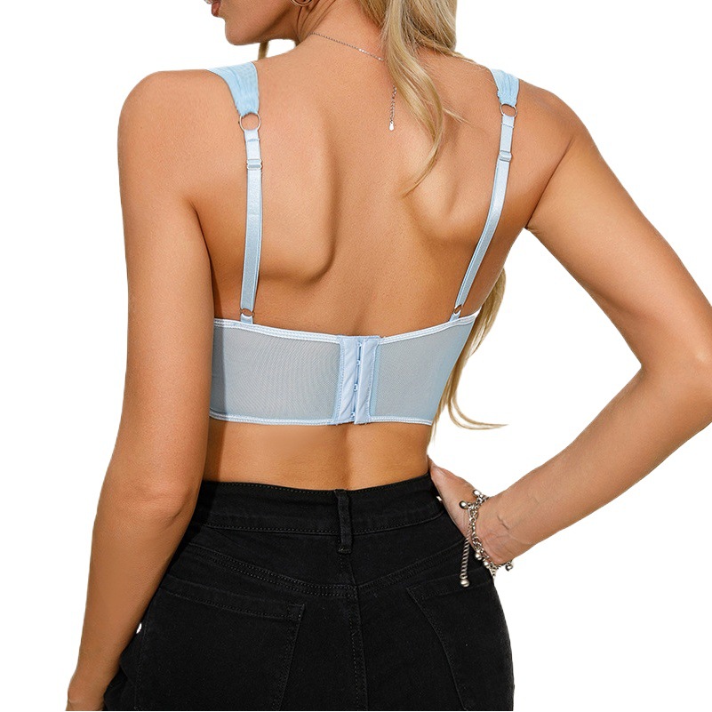 Comercio exterior transfronterizo nuevo fresco dulce color sólido malla transparente sexy bordado ancho hombro belleza espalda breasted camisola