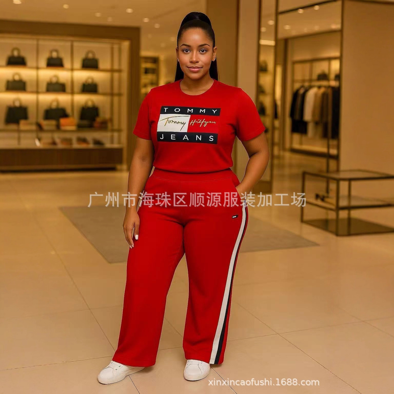 Tommy2025 Hot Girl Short-Sleeved Plus-Size Sportswear Women's Flared Pants Casual Suit European and American Jeans Women's Summer