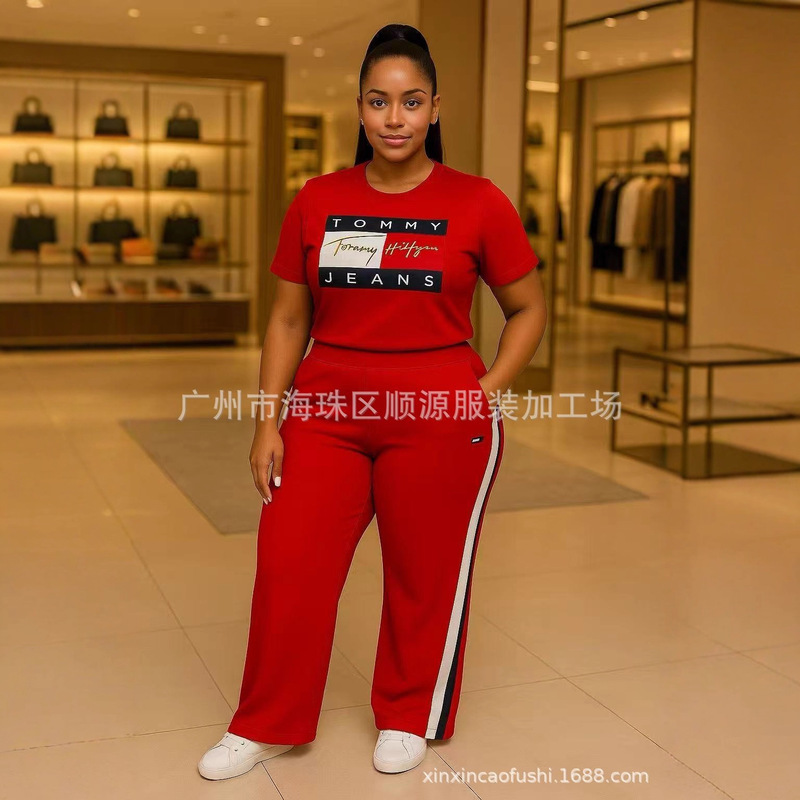 Tommy2025 Hot Girl Short-Sleeved Plus-Size Sportswear Women's Flared Pants Casual Suit European and American Jeans Women's Summer