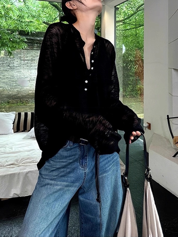 法式半开领长袖T恤女夏季薄款宽松慵懒风防晒罩衫高级感上衣紫色|undefined