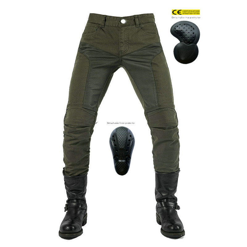 [Transpirable] VOLERO jeans de motocicleta verde militar de hombre malla de motocicleta pantalones de ciclismo elásticos casuales de verano