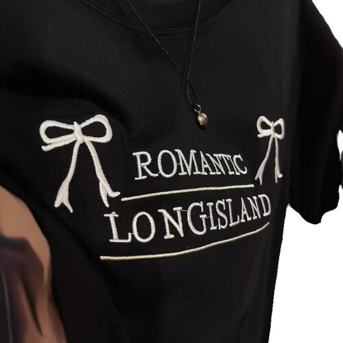 Heavy Industry Embroidered Letter Bow Tie Modal Short Sleeve T-Shirt for Women - Summer Versatile Loose Round Neck Pullover Top Trendy