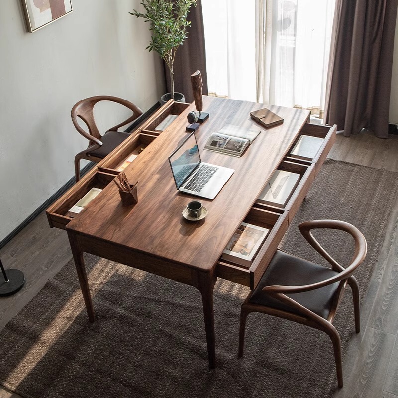 Black Walnut Solid Wood Desk New Chinese Style Rectangular Dining Table Drawer Workbench Retro Long Table Study Table