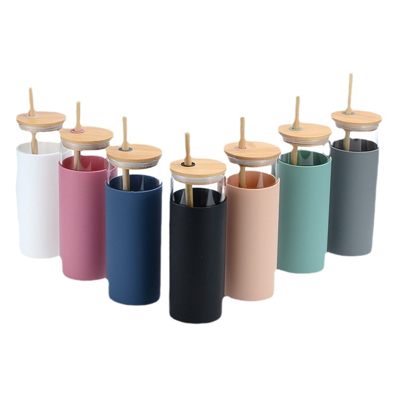 Cubierta de bambú transfronteriza taza de paja de borosilicato resistente a altas temperaturas simple con cubierta de silicona aislada taza de agua de vidrio Personalización de lotes pequeños