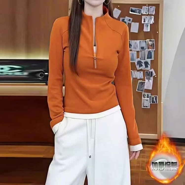 Trendy Stand Collar Base Shirt for Women, Autumn and Winter New Slim-Fit Half-Zip Top for Dropshipping