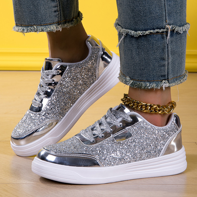 25 Spring and Autumn Cross-border Casual Sports Board Shoes plus size Bright-faced Fashion Women's Shoes Low-top Lace-up Shiny Shoes for Hair