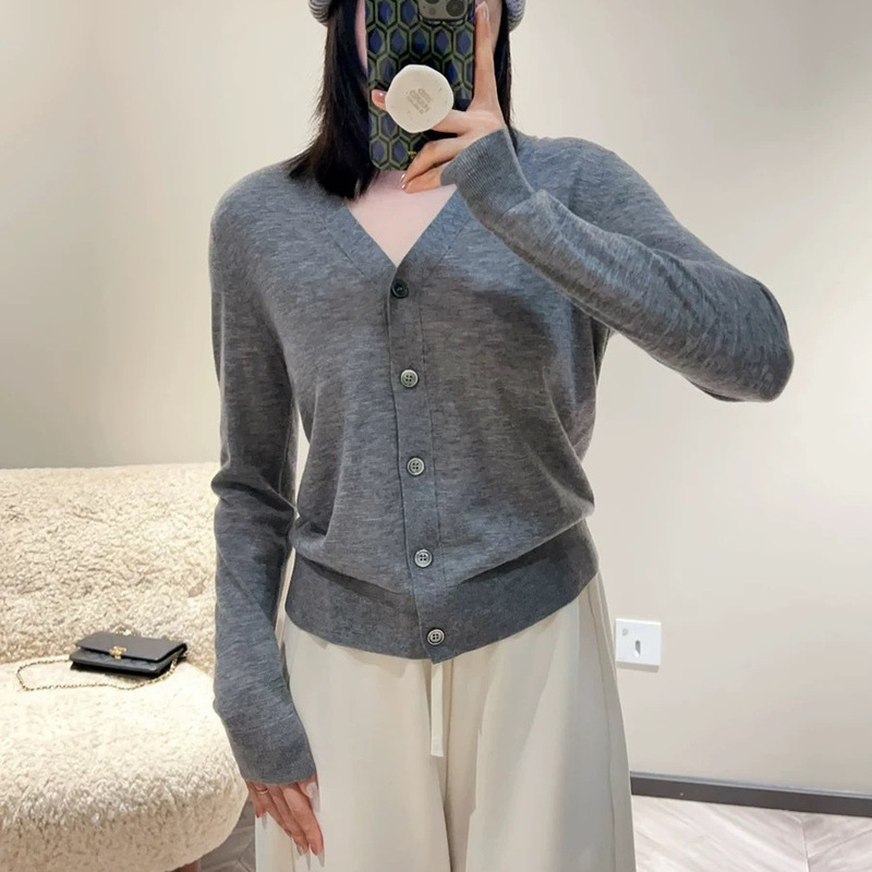 Gu Pan Sheng Clothing Fine-Spun Merino Wool V-Neck Knitted Cardigan for Women, New Elegant Commuter Thin Sweater