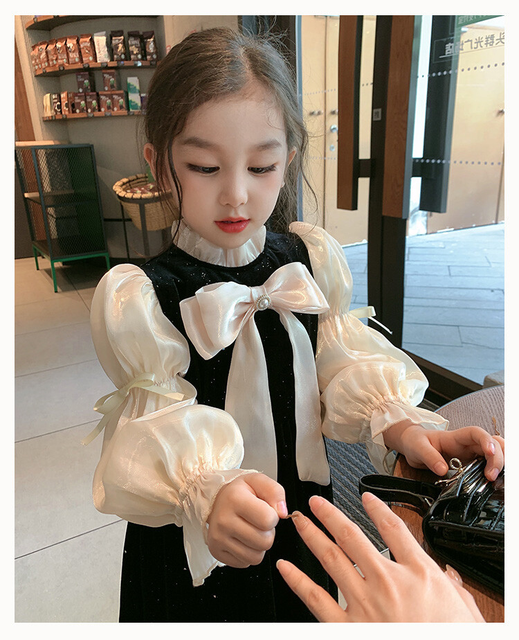 Girls' Spring and Autumn Long sleeved High end 2023 Western style Hepburn Small Fragrance Bow Bubble Sleeve Dress_voghion.com