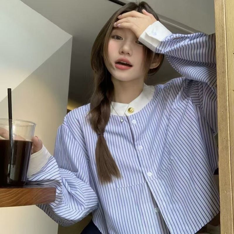 条纹长袖衬衫女春秋季防晒休闲宽松短款外套慵懒风高质量跨境批发|undefined