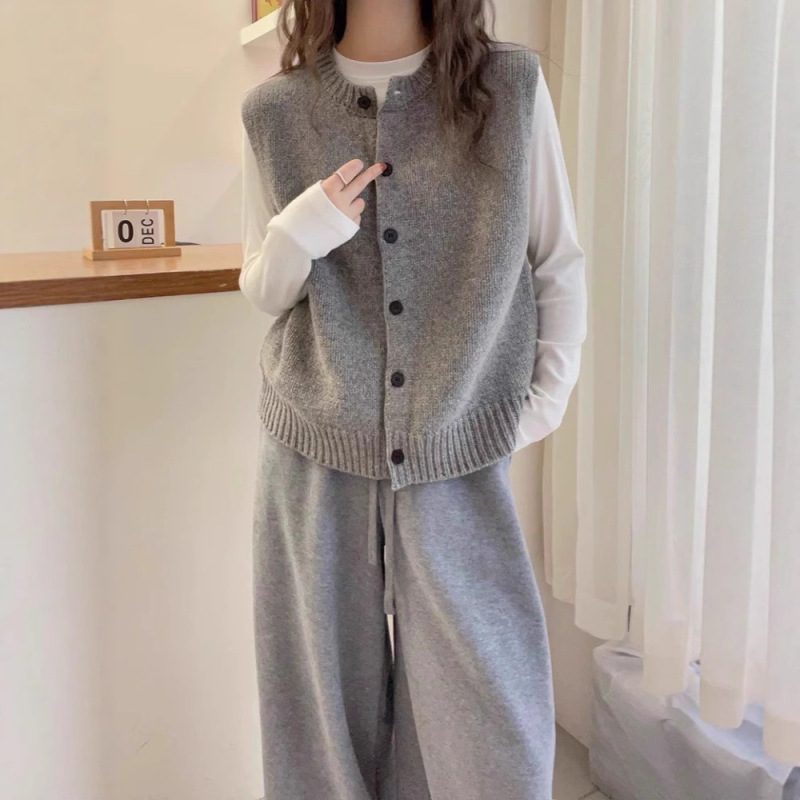 女式100纯羊毛针织无袖马甲开衫圆领套头坎肩经典纯色简约短背心|undefined