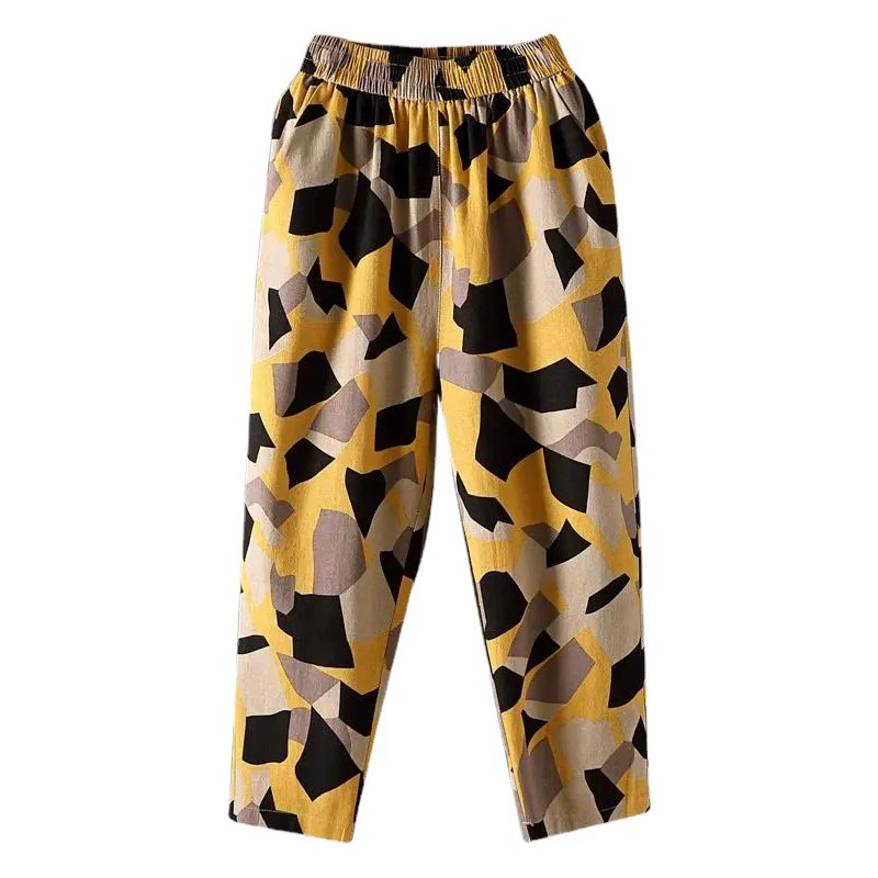 [Хорошее качество] Литературные шаровары 2023, новые летние утягивающие брюки из хлопка и льна и универсальные женские шаровары с девятью точками и принтом