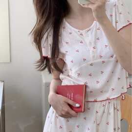 韩国ins女士夏季新品甜美韩版小樱桃短袖短款睡衣少女家居服套装