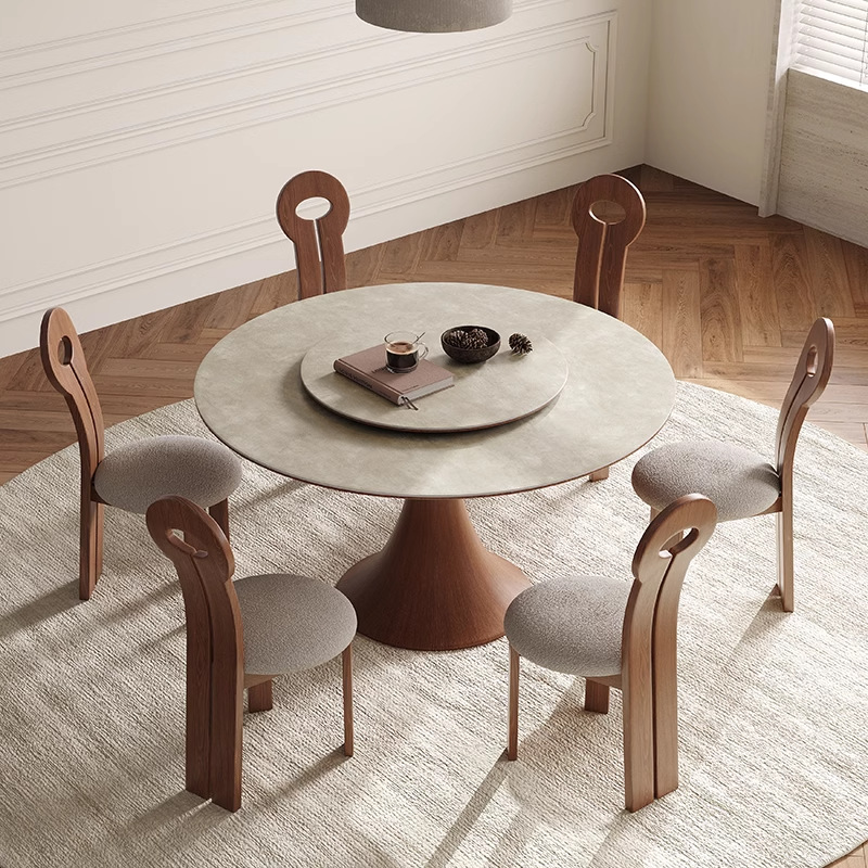 Mesa de comedor de madera sólida nórdica estilo medieval francés, mesa de comedor redonda doméstica, combinación de mesa y silla de color nuez