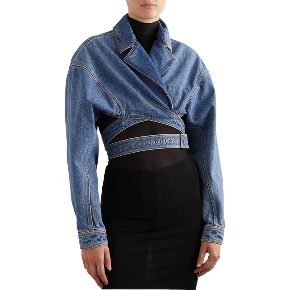 大衆のデザイン感の上着の上着の上着の2024春の交差して襟を重ねて透かしを透かして腰のひもの短い女性のデニムのジャケットを現します。