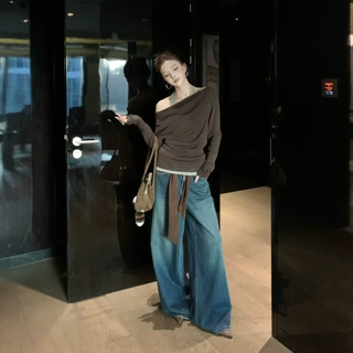 Eir  挂脖一字漏肩撞色长袖T恤假两件设计感显瘦羊毛上衣女