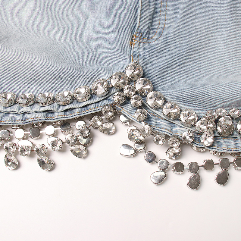 Personality Short Cropped Outfit Slimming Denim Top Hip Wrapped Skirt Diamond Embedded Denim Suit Women